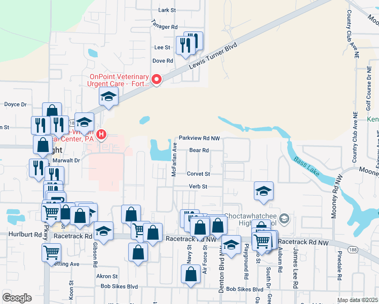 map of restaurants, bars, coffee shops, grocery stores, and more near 408 Bear Road in Fort Walton Beach
