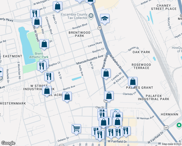 map of restaurants, bars, coffee shops, grocery stores, and more near 4207 North P Street in Pensacola