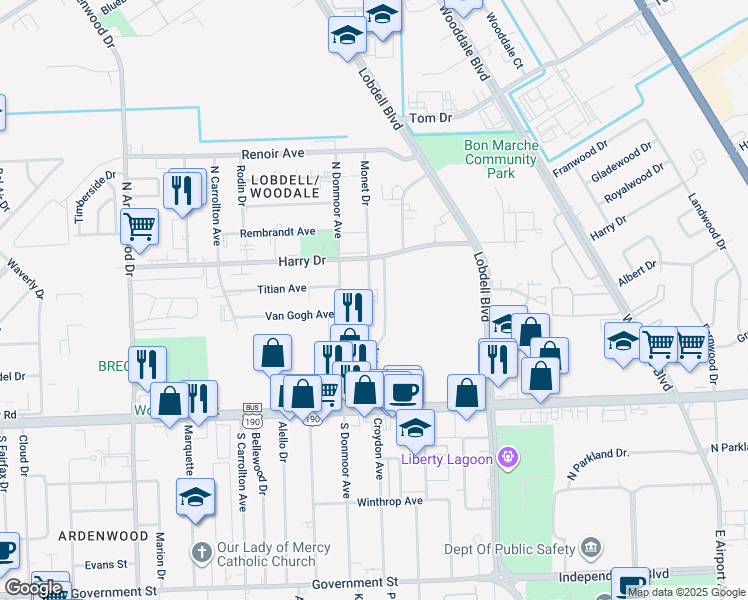 map of restaurants, bars, coffee shops, grocery stores, and more near 747 Monet Drive in Baton Rouge