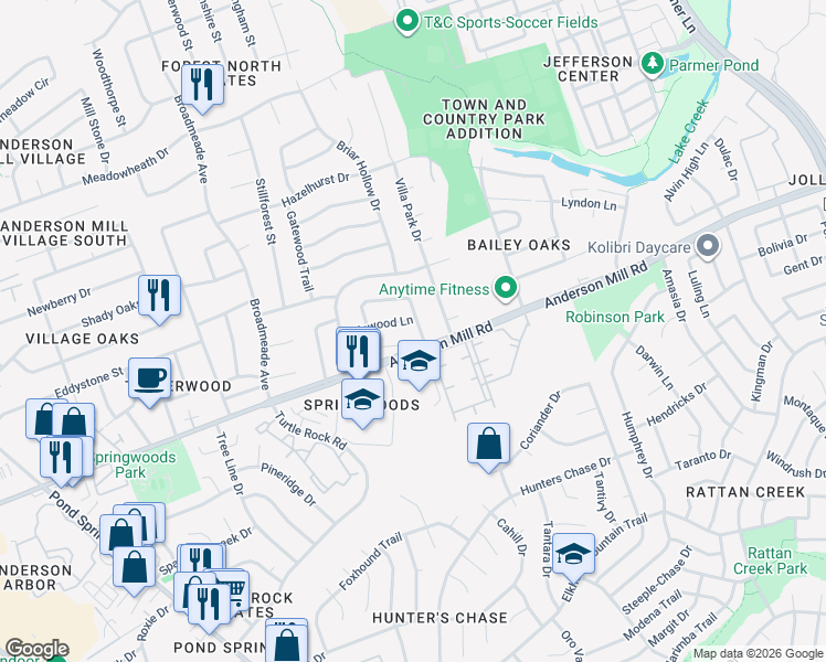 map of restaurants, bars, coffee shops, grocery stores, and more near 8704 Cainwood Lane in Austin