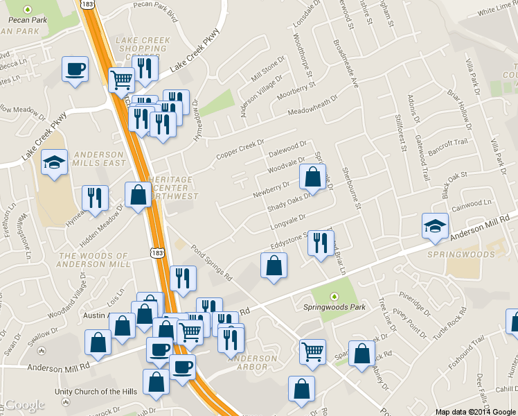 map of restaurants, bars, coffee shops, grocery stores, and more near 12701 Parkland Drive in Austin