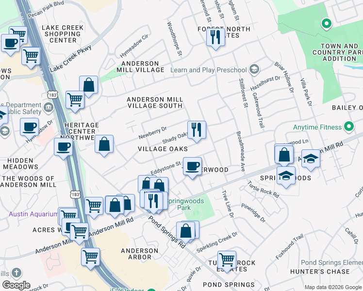 map of restaurants, bars, coffee shops, grocery stores, and more near 9409 Shady Oaks Drive in Austin