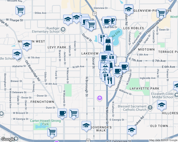 map of restaurants, bars, coffee shops, grocery stores, and more near 1234 North Duval Street in Tallahassee