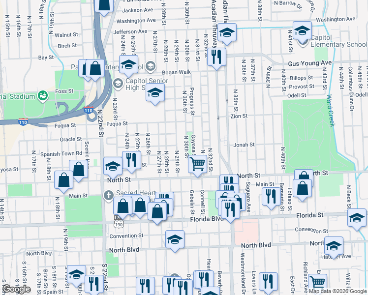 map of restaurants, bars, coffee shops, grocery stores, and more near 824 North 29th Street in Baton Rouge