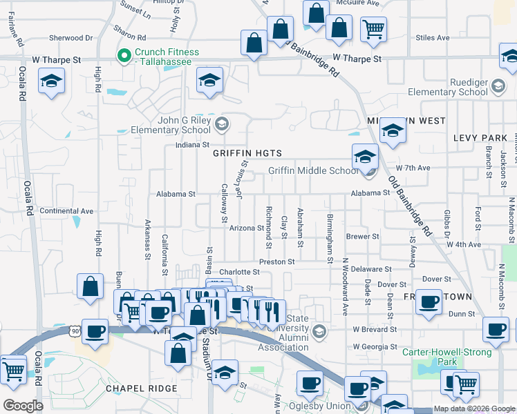 map of restaurants, bars, coffee shops, grocery stores, and more near 1203 Harlem Street in Tallahassee
