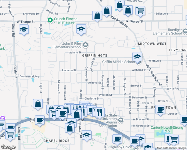 map of restaurants, bars, coffee shops, grocery stores, and more near 1115 Joe Louis Street in Tallahassee
