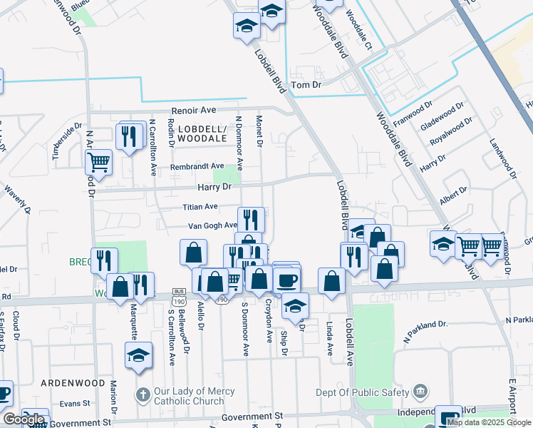 map of restaurants, bars, coffee shops, grocery stores, and more near 644 Monet Drive in Baton Rouge