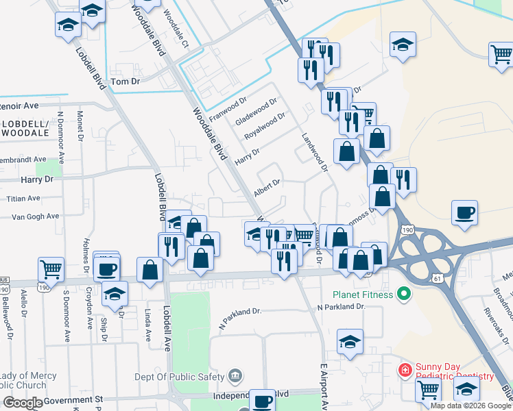 map of restaurants, bars, coffee shops, grocery stores, and more near 650 Wooddale Boulevard in Baton Rouge