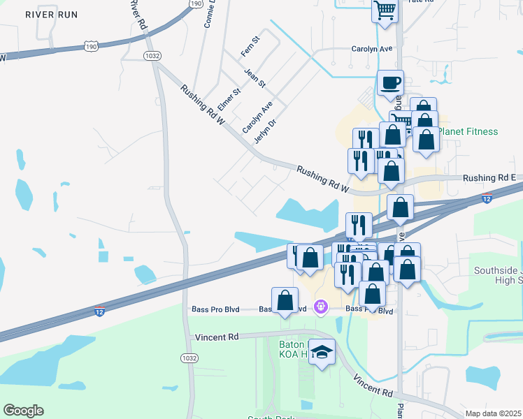 map of restaurants, bars, coffee shops, grocery stores, and more near 2530 Chantulane Avenue in Denham Springs