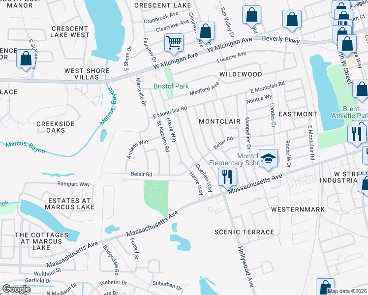 map of restaurants, bars, coffee shops, grocery stores, and more near 4511 Florelle Way in Pensacola
