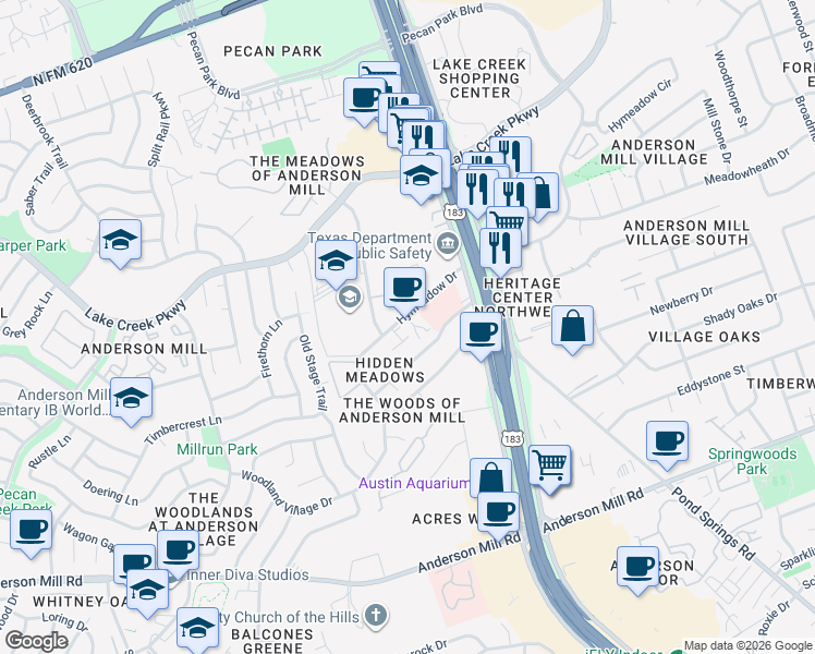 map of restaurants, bars, coffee shops, grocery stores, and more near 12343 Hymeadow Drive in Austin