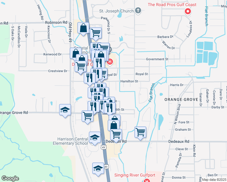 map of restaurants, bars, coffee shops, grocery stores, and more near 11505 Carondelet Street in Gulfport