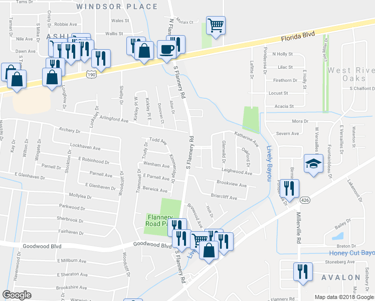 map of restaurants, bars, coffee shops, grocery stores, and more near 558 South Flannery Road in Baton Rouge