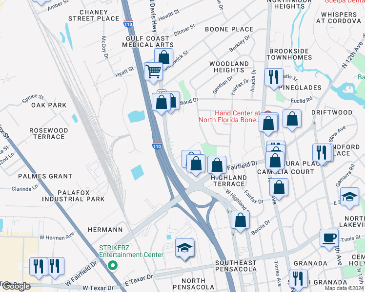 map of restaurants, bars, coffee shops, grocery stores, and more near 500 East Fairfield Drive in Pensacola