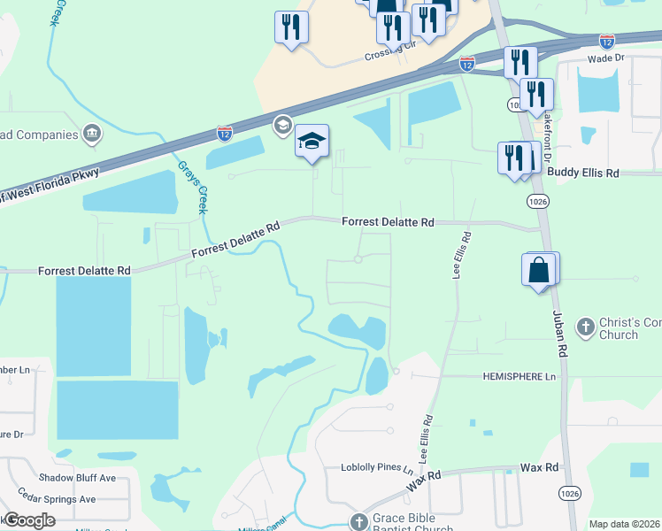map of restaurants, bars, coffee shops, grocery stores, and more near 9652-9718 Forrest Delatte Road in Denham Springs