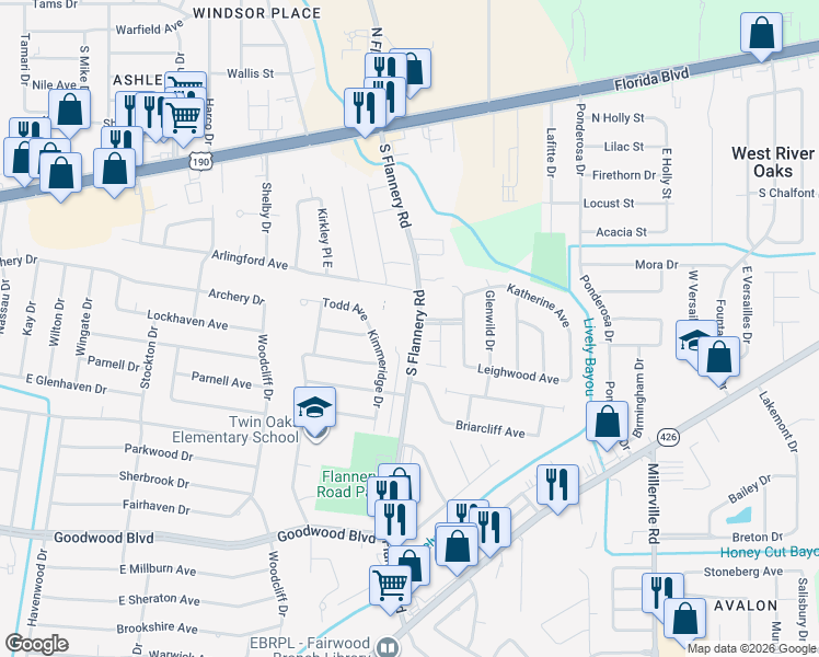 map of restaurants, bars, coffee shops, grocery stores, and more near 544 South Flannery Road in Baton Rouge