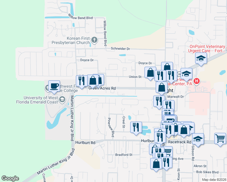 map of restaurants, bars, coffee shops, grocery stores, and more near 336 Green Acres Road in Fort Walton Beach