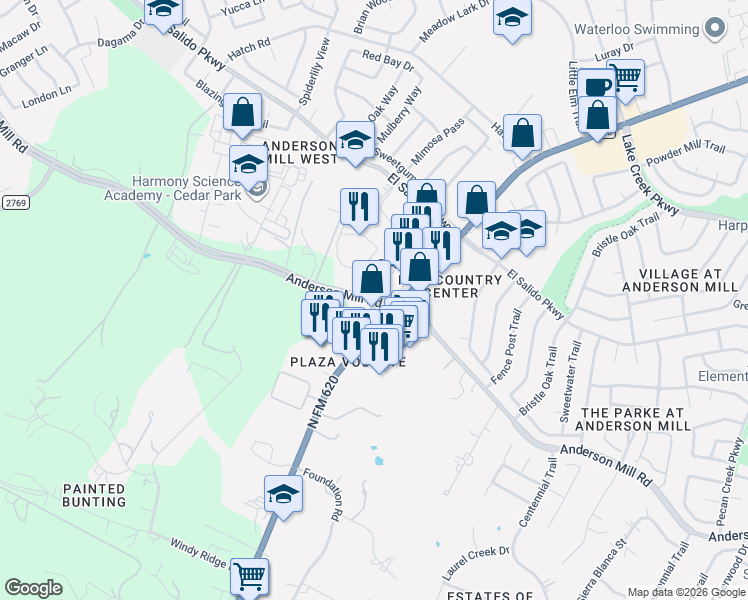 map of restaurants, bars, coffee shops, grocery stores, and more near 11908 Volente Road in Austin