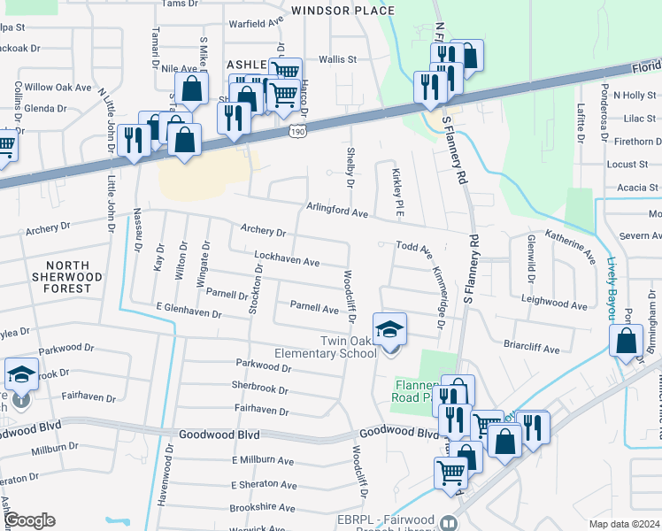 map of restaurants, bars, coffee shops, grocery stores, and more near 12738 Lockhaven Avenue in Baton Rouge