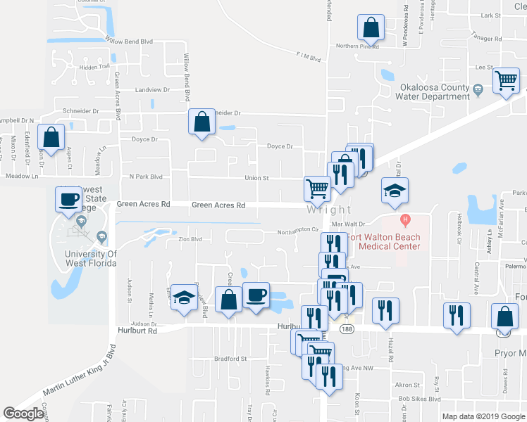 map of restaurants, bars, coffee shops, grocery stores, and more near 1295 Beverly St in Fort Walton Beach
