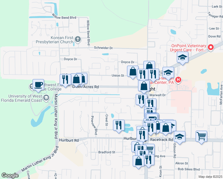 map of restaurants, bars, coffee shops, grocery stores, and more near 301 Green Acres Road in Fort Walton Beach