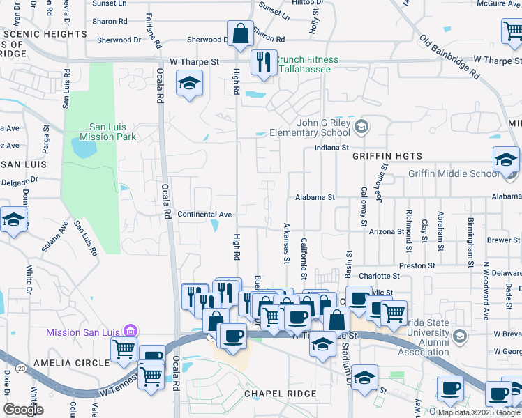 map of restaurants, bars, coffee shops, grocery stores, and more near 1104 Greentree Court in Tallahassee