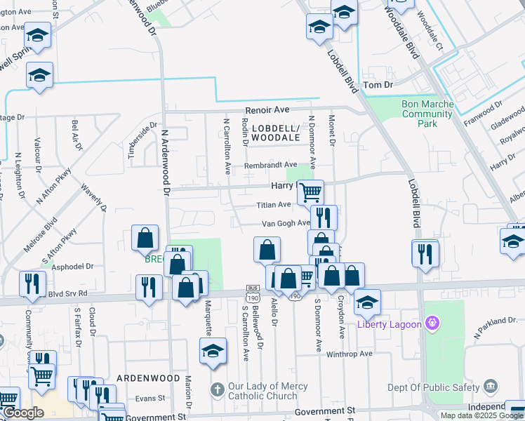 map of restaurants, bars, coffee shops, grocery stores, and more near 6752 Titian Avenue in Baton Rouge