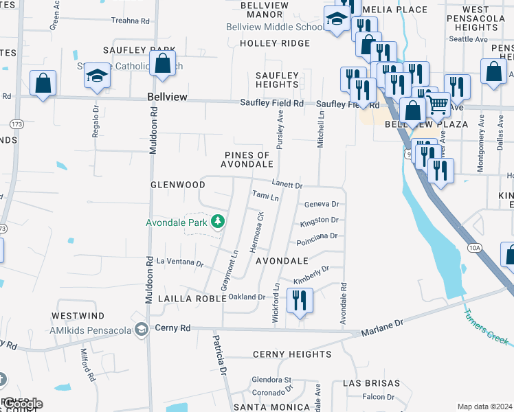 map of restaurants, bars, coffee shops, grocery stores, and more near 5788 Hermosa Circle in Pensacola