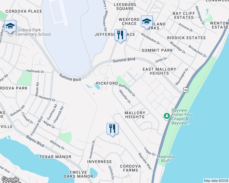 map of restaurants, bars, coffee shops, grocery stores, and more near 3041 Whistler Drive in Pensacola