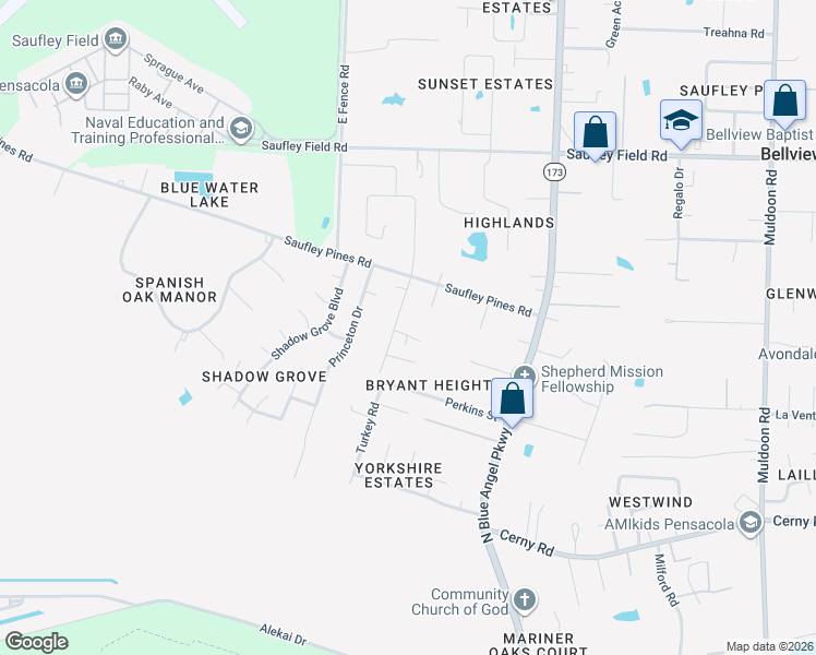 map of restaurants, bars, coffee shops, grocery stores, and more near 5762 Turkey Rd in Pensacola