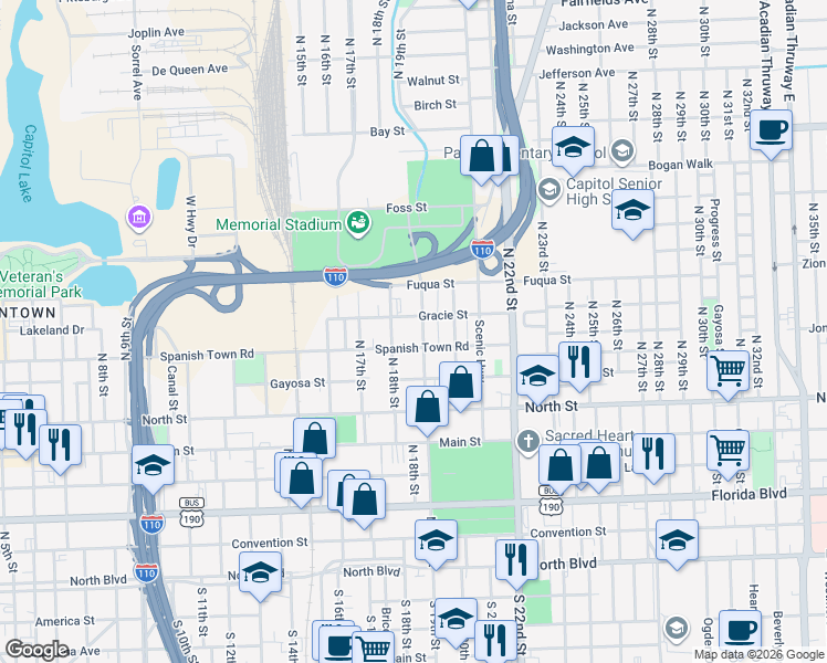 map of restaurants, bars, coffee shops, grocery stores, and more near 1828 Gracie Street in Baton Rouge