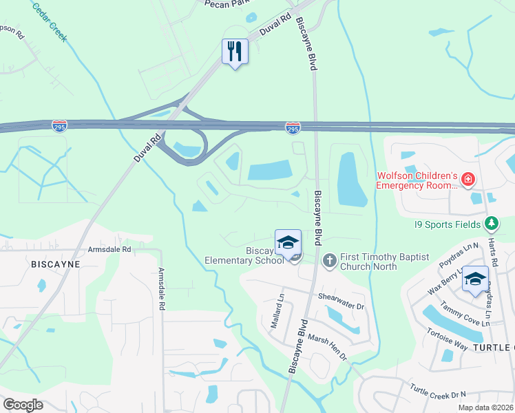 map of restaurants, bars, coffee shops, grocery stores, and more near 1546 Biscayne Bay Drive in Jacksonville