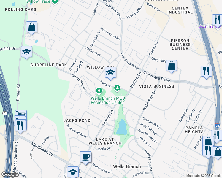 map of restaurants, bars, coffee shops, grocery stores, and more near 2909 Sauls Dr in Austin