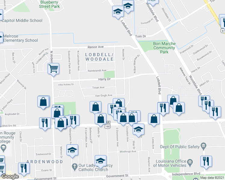 map of restaurants, bars, coffee shops, grocery stores, and more near 6962 Titian Avenue in Baton Rouge