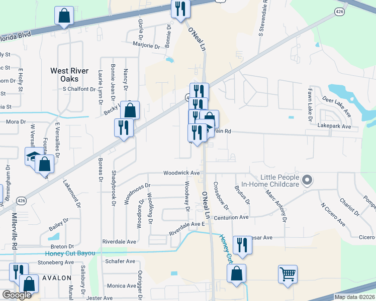 map of restaurants, bars, coffee shops, grocery stores, and more near 1026 Sedona Pines Drive in Baton Rouge