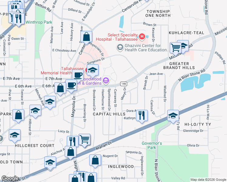 map of restaurants, bars, coffee shops, grocery stores, and more near 1213 Carraway Street in Tallahassee