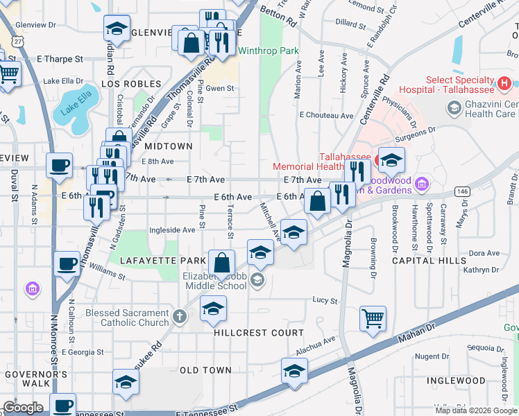 map of restaurants, bars, coffee shops, grocery stores, and more near 908 Beard Street in Tallahassee