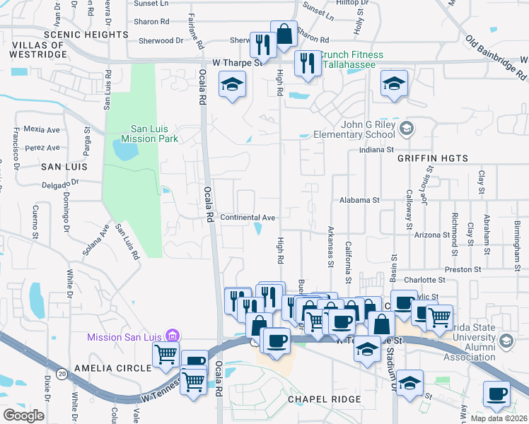 map of restaurants, bars, coffee shops, grocery stores, and more near 2020 Continental Avenue in Tallahassee