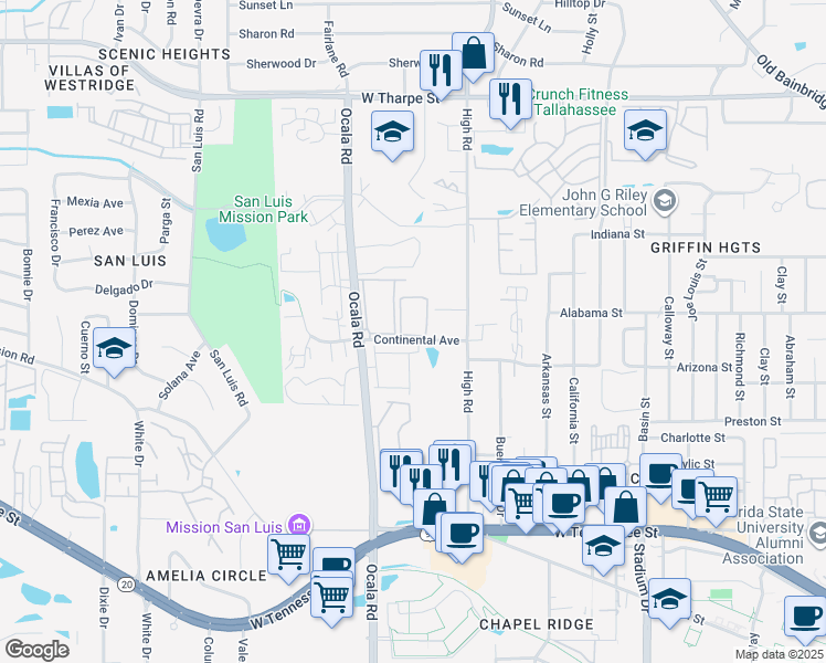 map of restaurants, bars, coffee shops, grocery stores, and more near 1196 High Road in Tallahassee