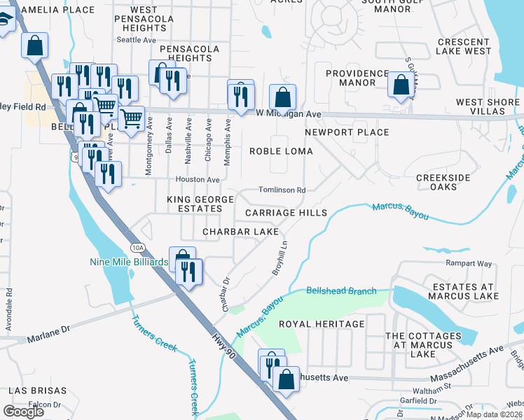 map of restaurants, bars, coffee shops, grocery stores, and more near 2010 Colony Road in Pensacola