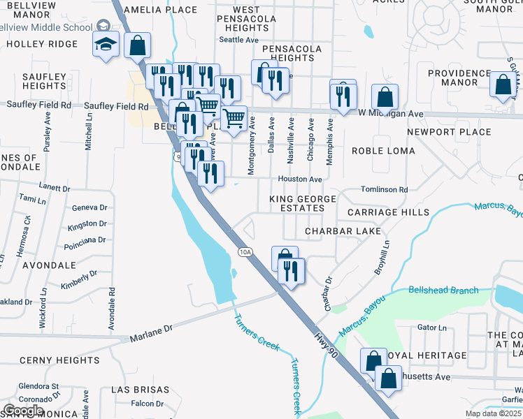 map of restaurants, bars, coffee shops, grocery stores, and more near 5421 Coventry Avenue in Pensacola