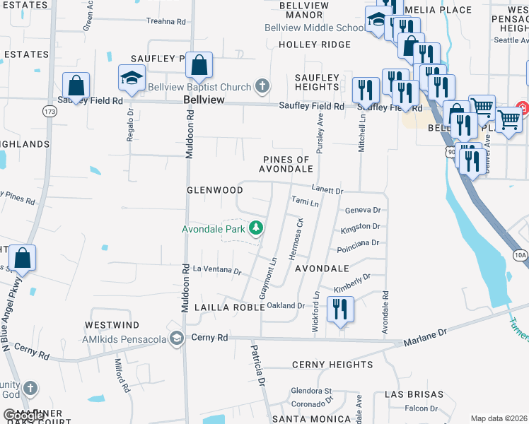 map of restaurants, bars, coffee shops, grocery stores, and more near 5845 Vestavia Court in Pensacola