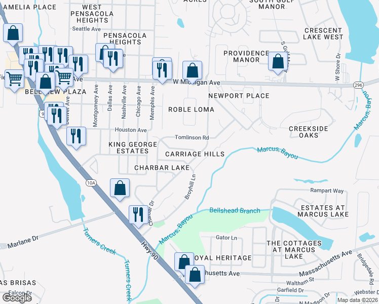 map of restaurants, bars, coffee shops, grocery stores, and more near 2010 Colony Road in Pensacola