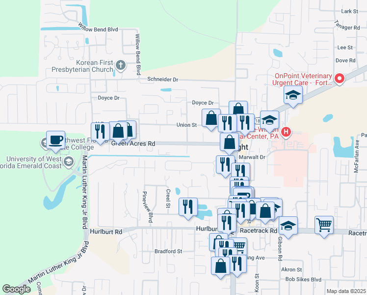 map of restaurants, bars, coffee shops, grocery stores, and more near 301 Green Acres Road in Fort Walton Beach