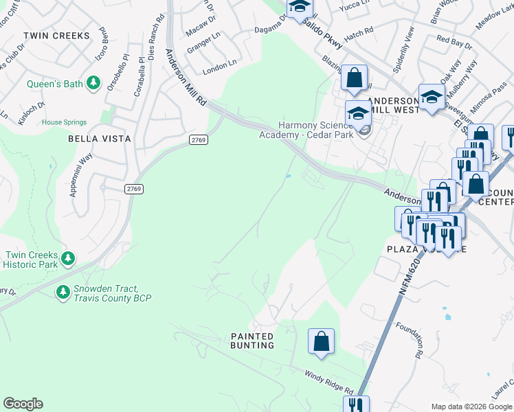 map of restaurants, bars, coffee shops, grocery stores, and more near 12429 Anderson Mill Road in Austin