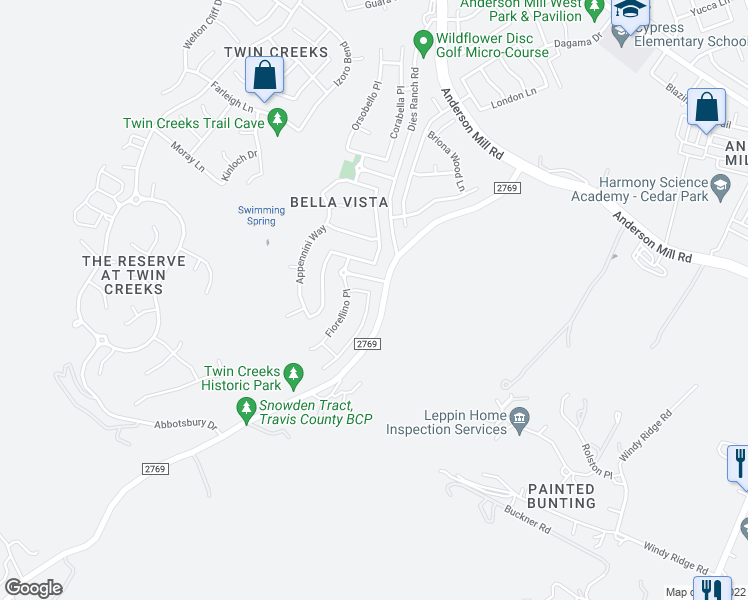 map of restaurants, bars, coffee shops, grocery stores, and more near 3104 Argento Place in Cedar Park
