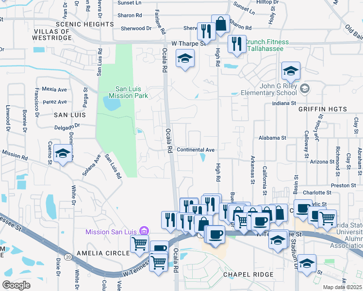 map of restaurants, bars, coffee shops, grocery stores, and more near 2060 Continental Avenue in Tallahassee
