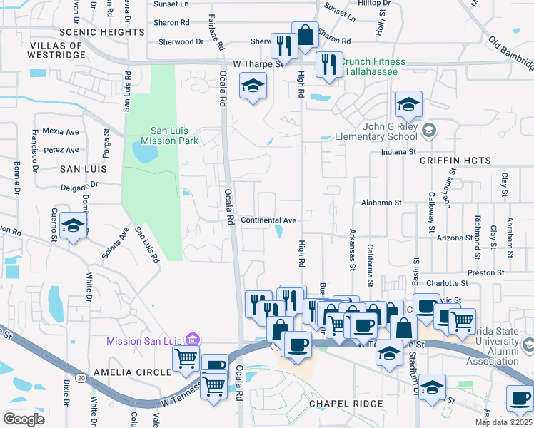 map of restaurants, bars, coffee shops, grocery stores, and more near 1196 High Road in Tallahassee