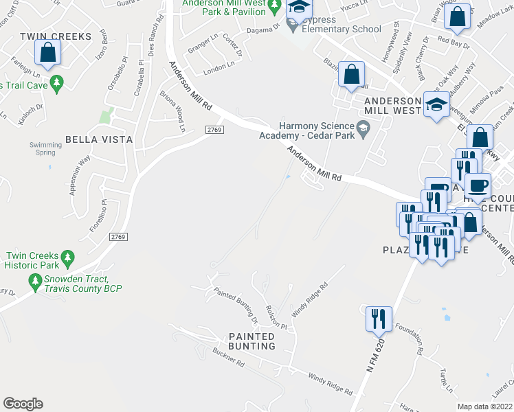 map of restaurants, bars, coffee shops, grocery stores, and more near 12429 Anderson Mill Road in Austin