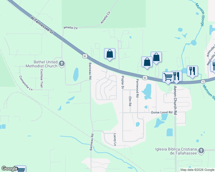 map of restaurants, bars, coffee shops, grocery stores, and more near Manatee Cove Drive in Tallahassee